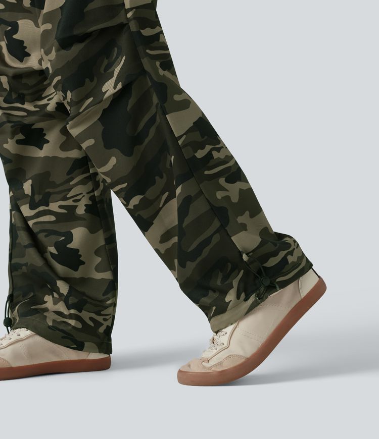 Casual wide-leg camouflage cargo pants with mid-rise waist, drawstring, and pockets