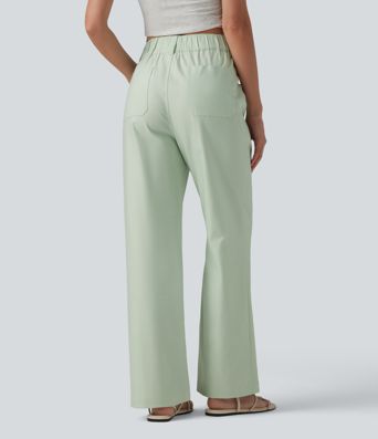 High Waisted Cotton Linen Casual Straight Leg Pants with Pockets