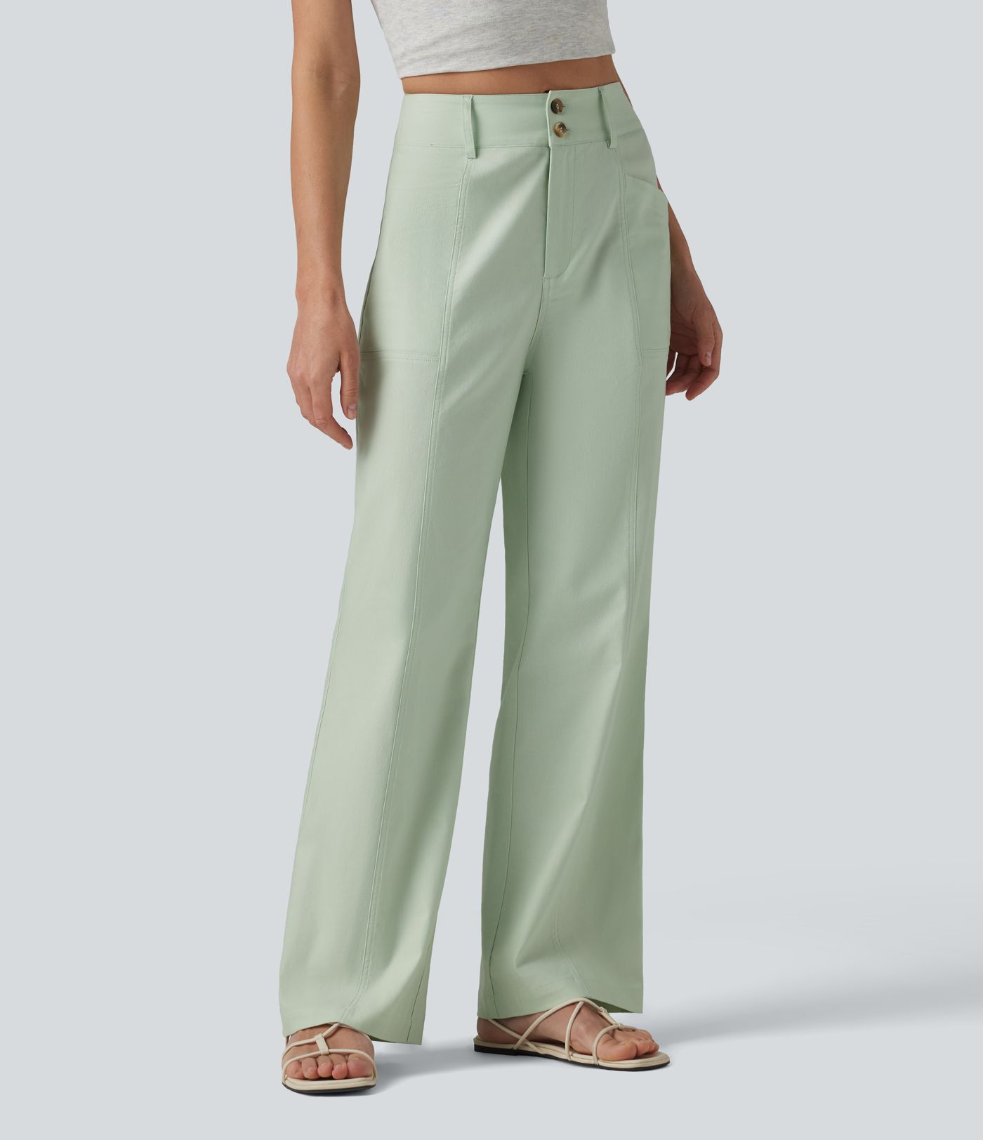 High Waisted Cotton Linen Casual Straight Leg Pants with Pockets