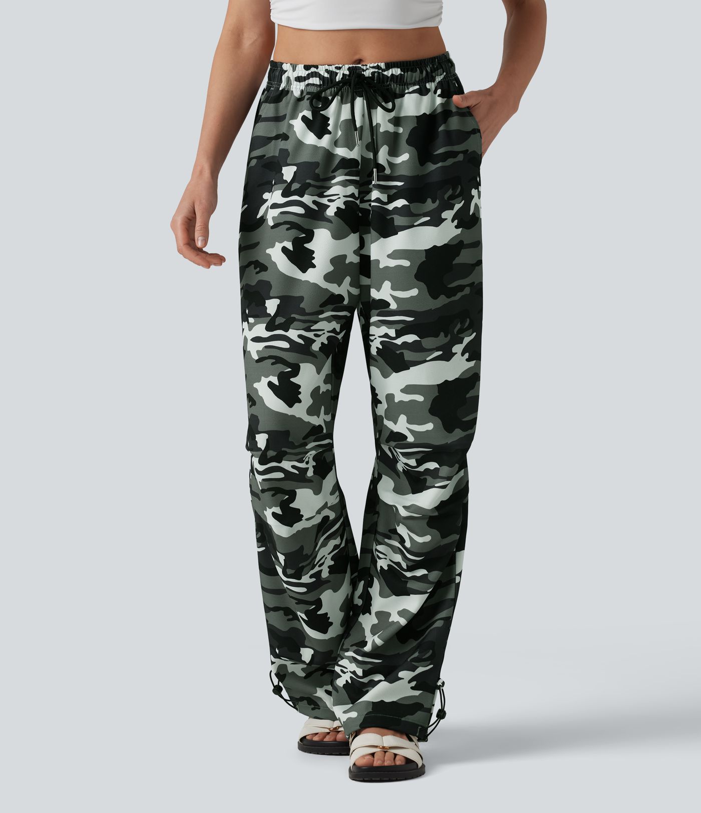 Mid Rise Drawstring Camo Casual Cargo Baggy Pants with Pockets Mid Rise Drawstring Camo Casual Cargo Baggy Pants with Pockets