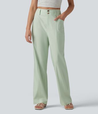 High Waisted Cotton Linen Casual Straight Leg Pants with Pockets