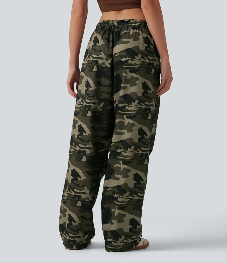 Casual wide-leg camouflage cargo pants with mid-rise waist, drawstring, and pockets