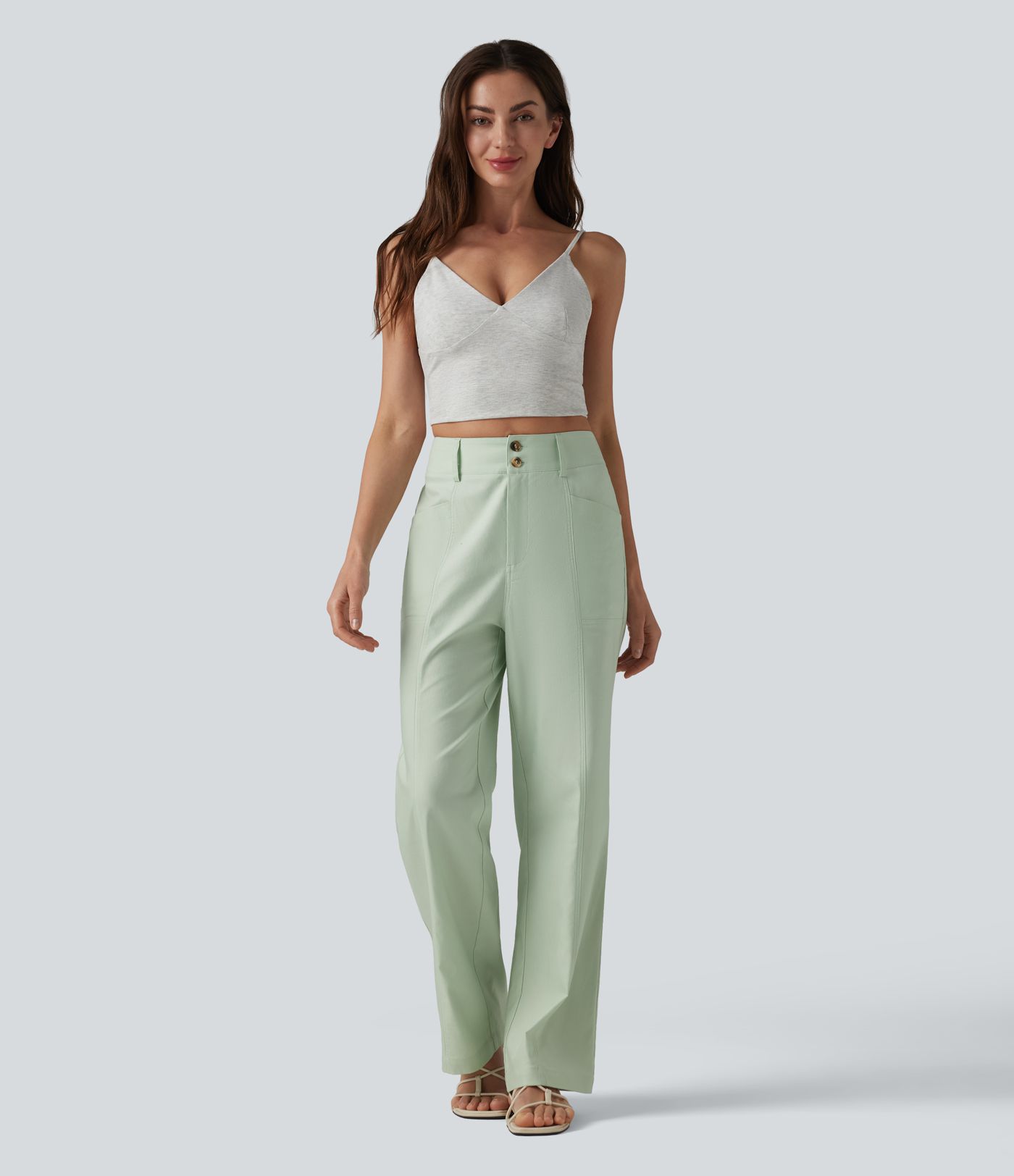 High Waisted Cotton Linen Casual Straight Leg Pants with Pockets