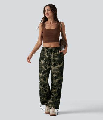 Casual wide-leg camouflage cargo pants with mid-rise waist, drawstring, and pockets