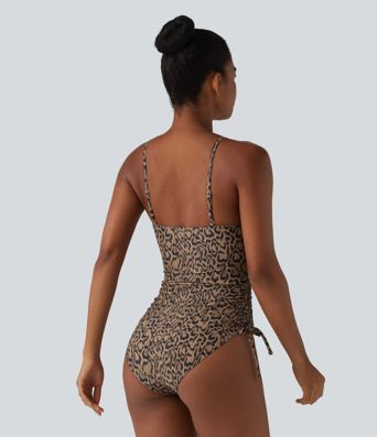 Square Neck Built-in Bra Tummy Control Drawstring Leopard Print One-Piece Swimsuit