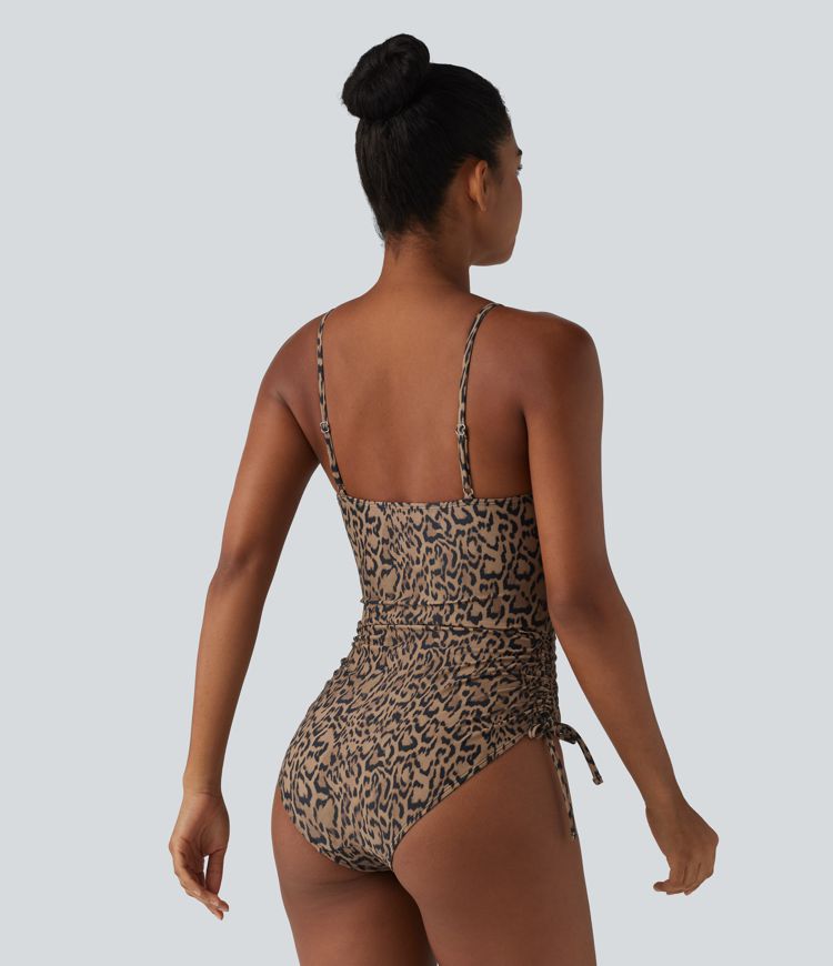 Square Neck Built-in Bra Tummy Control Drawstring Leopard Print One-Piece Swimsuit