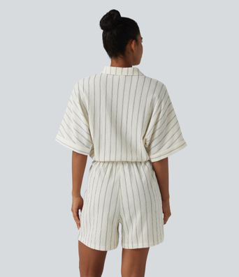 Combishort décontracté à col, manches chauve-souris, nœud et rayures avec poches - Easy Peasy