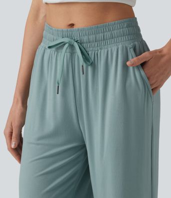 Mid Rise Drawstring Casual Baggy Pants with Pockets Mid Rise Drawstring Casual Baggy Pants with Pockets
