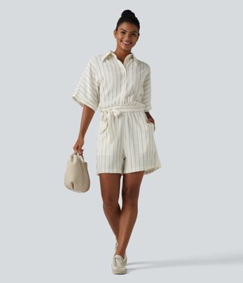 Combishort décontracté à col, manches chauve-souris, nœud et rayures avec poches - Easy Peasy