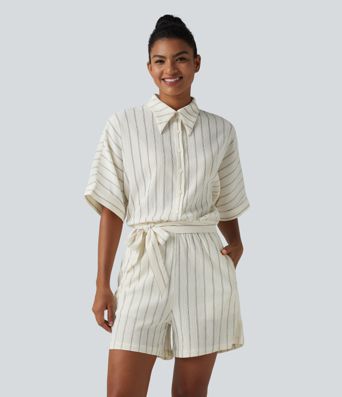 Combishort décontracté à col, manches chauve-souris, nœud et rayures avec poches - Easy Peasy