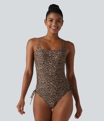 Square Neck Built-in Bra Tummy Control Drawstring Leopard Print One-Piece Swimsuit