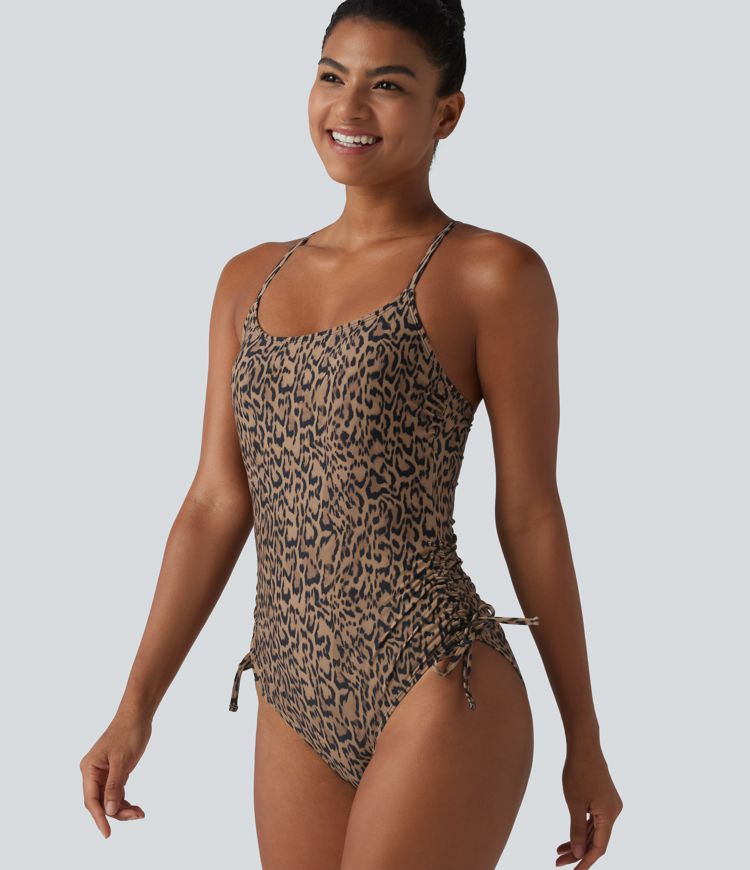 Square Neck Built-in Bra Tummy Control Drawstring Leopard Print One-Piece Swimsuit