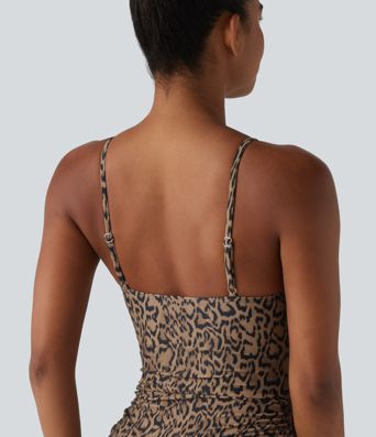 Square Neck Built-in Bra Tummy Control Drawstring Leopard Print One-Piece Swimsuit