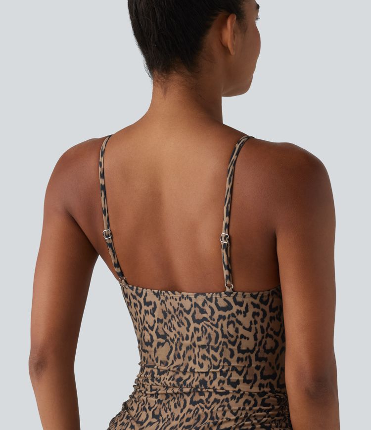 Square Neck Built-in Bra Tummy Control Drawstring Leopard Print One-Piece Swimsuit