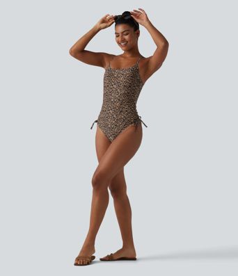 Square Neck Built-in Bra Tummy Control Drawstring Leopard Print One-Piece Swimsuit