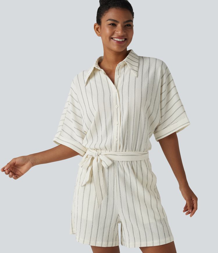 Combishort décontracté à col, manches chauve-souris, nœud et rayures avec poches - Easy Peasy