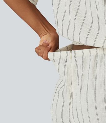 Combishort décontracté à col, manches chauve-souris, nœud et rayures avec poches - Easy Peasy