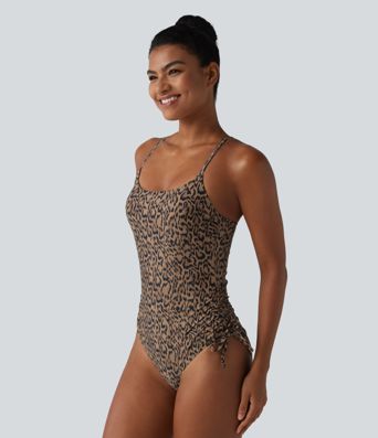 Square Neck Built-in Bra Tummy Control Drawstring Leopard Print One-Piece Swimsuit