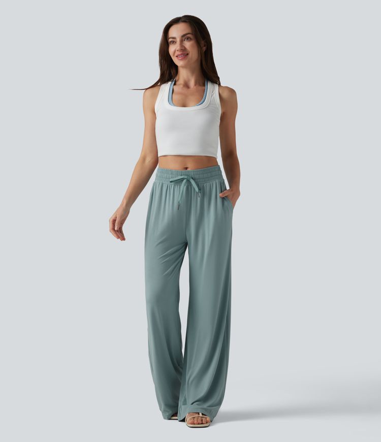 Mid Rise Drawstring Casual Baggy Pants with Pockets Mid Rise Drawstring Casual Baggy Pants with Pockets