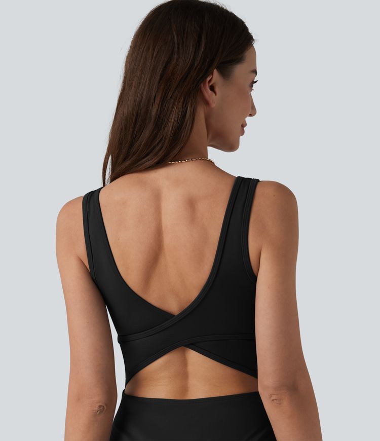 Crisscross Backless Square Neck Sleeveless Flowy Midi Bridesmaid And Wedding Guest Dress