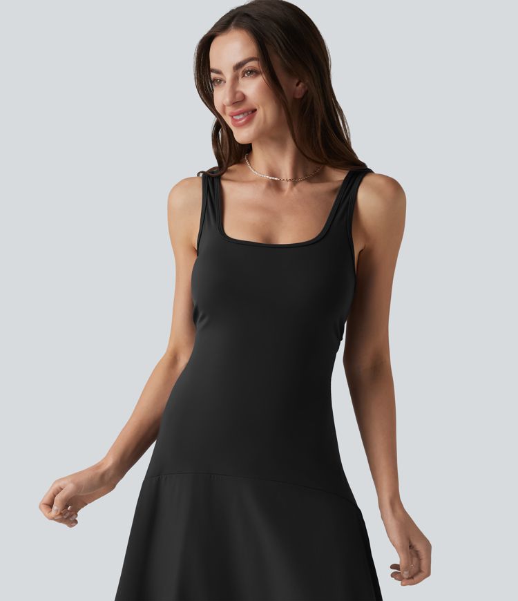 Crisscross Backless Square Neck Sleeveless Flowy Midi Bridesmaid And Wedding Guest Dress