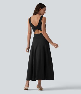 Crisscross Backless Square Neck Sleeveless Flowy Midi Bridesmaid And Wedding Guest Dress