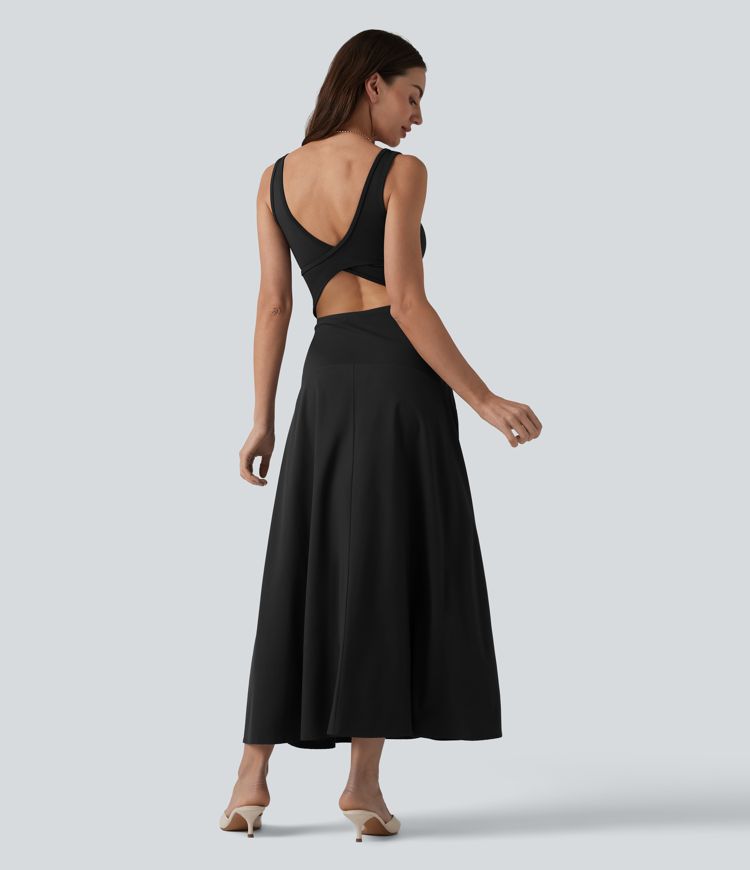 Crisscross Backless Square Neck Sleeveless Flowy Midi Bridesmaid And Wedding Guest Dress