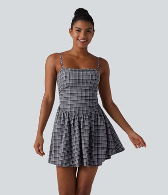 Adjustable Straps 2-in-1 Built-in Bra A-line Mini Plaid Crinkle Quick Dry Tennis Active Slip Dress with Pockets-Easy Peezy Adjustable Straps 2-in-1 Built-in Bra A-line Mini Plaid Crinkle Quick Dry Tennis Active Slip Dress with Pockets-Easy Peezy