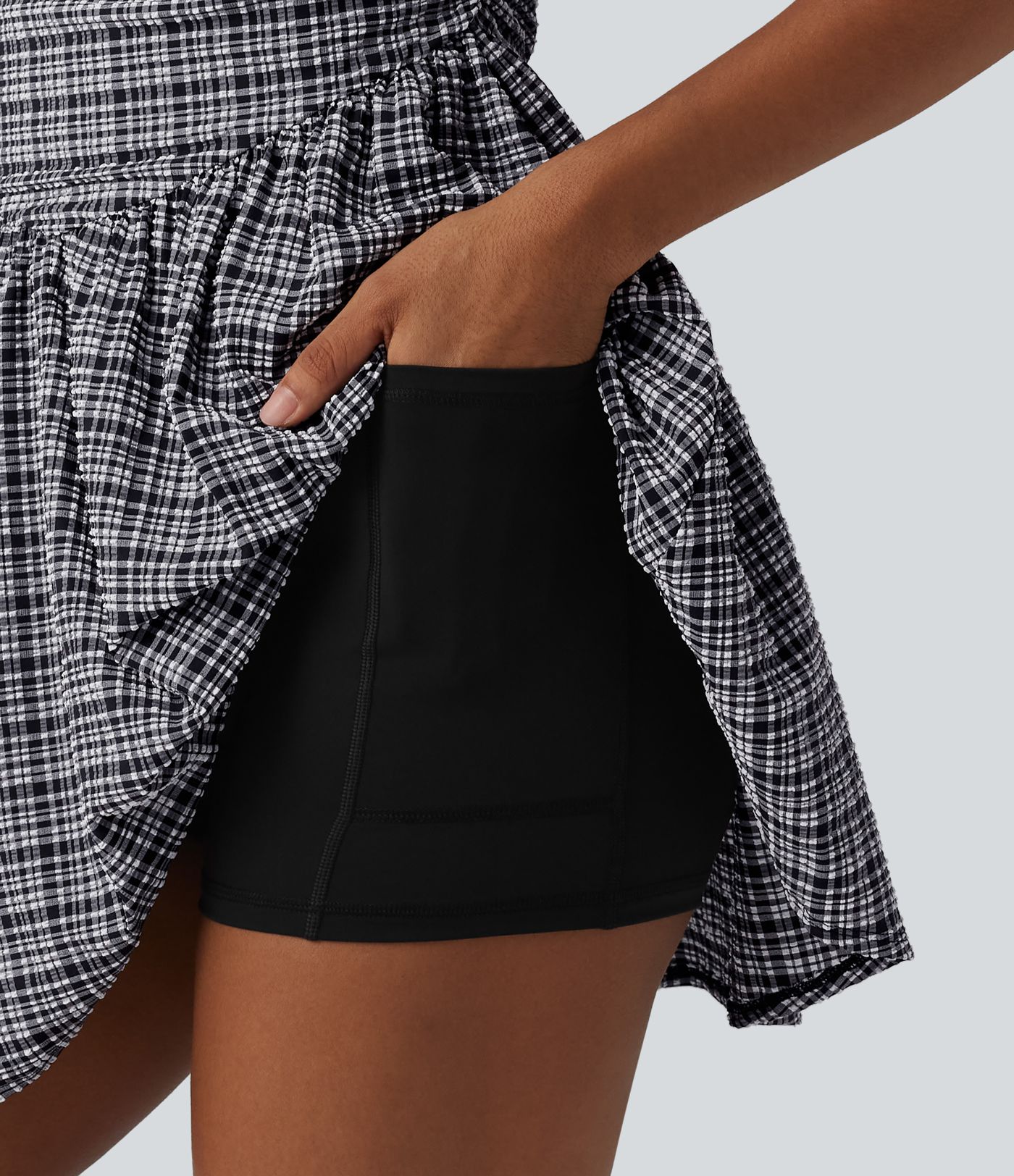 Adjustable Straps 2-in-1 Built-in Bra A-line Mini Plaid Crinkle Quick Dry Tennis Active Slip Dress with Pockets-Easy Peezy