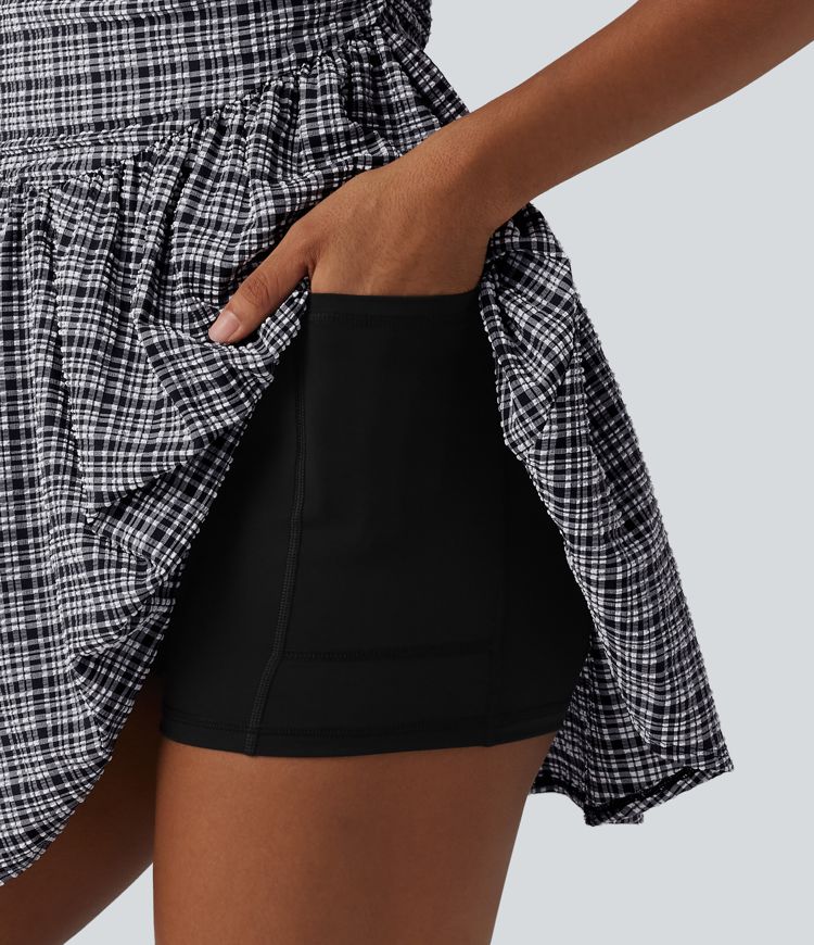 Adjustable Straps 2-in-1 Built-in Bra A-line Mini Plaid Crinkle Quick Dry Tennis Active Slip Dress with Pockets-Easy Peezy