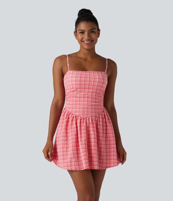 Adjustable Straps 2-in-1 Built-in Bra A-line Mini Plaid Crinkle Quick Dry Tennis Active Slip Dress with Pockets-Easy Peezy