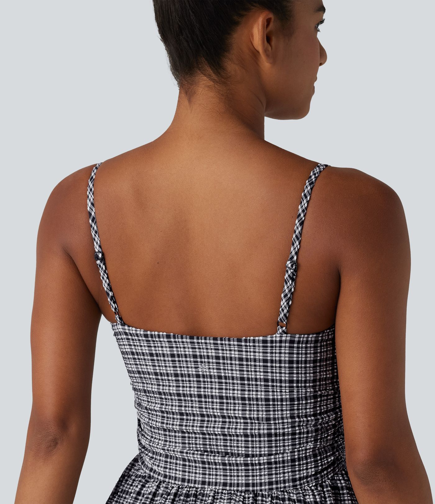 Adjustable Straps 2-in-1 Built-in Bra A-line Mini Plaid Crinkle Quick Dry Tennis Active Slip Dress with Pockets-Easy Peezy