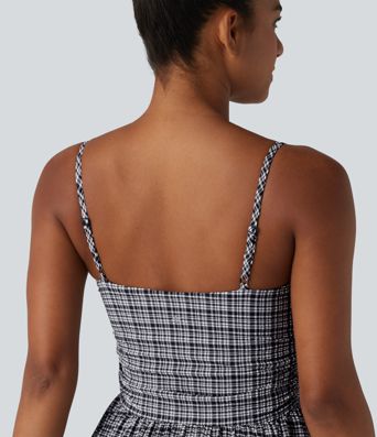 Adjustable Straps 2-in-1 Built-in Bra A-line Mini Plaid Crinkle Quick Dry Tennis Active Slip Dress with Pockets-Easy Peezy