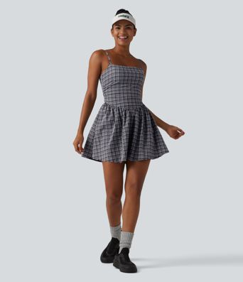 Adjustable Straps 2-in-1 Built-in Bra A-line Mini Plaid Crinkle Quick Dry Tennis Active Slip Dress with Pockets-Easy Peezy