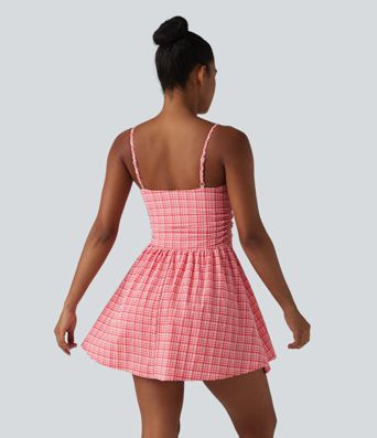 Adjustable Straps 2-in-1 Built-in Bra A-line Mini Plaid Crinkle Quick Dry Tennis Active Slip Dress with Pockets-Easy Peezy