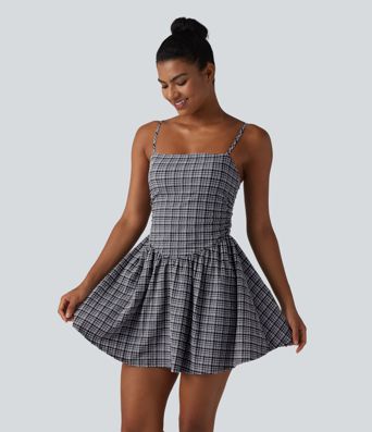 Adjustable Straps 2-in-1 Built-in Bra A-line Mini Plaid Crinkle Quick Dry Tennis Active Slip Dress with Pockets-Easy Peezy