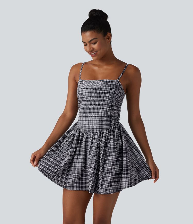 Adjustable Straps 2-in-1 Built-in Bra A-line Mini Plaid Crinkle Quick Dry Tennis Active Slip Dress with Pockets-Easy Peezy