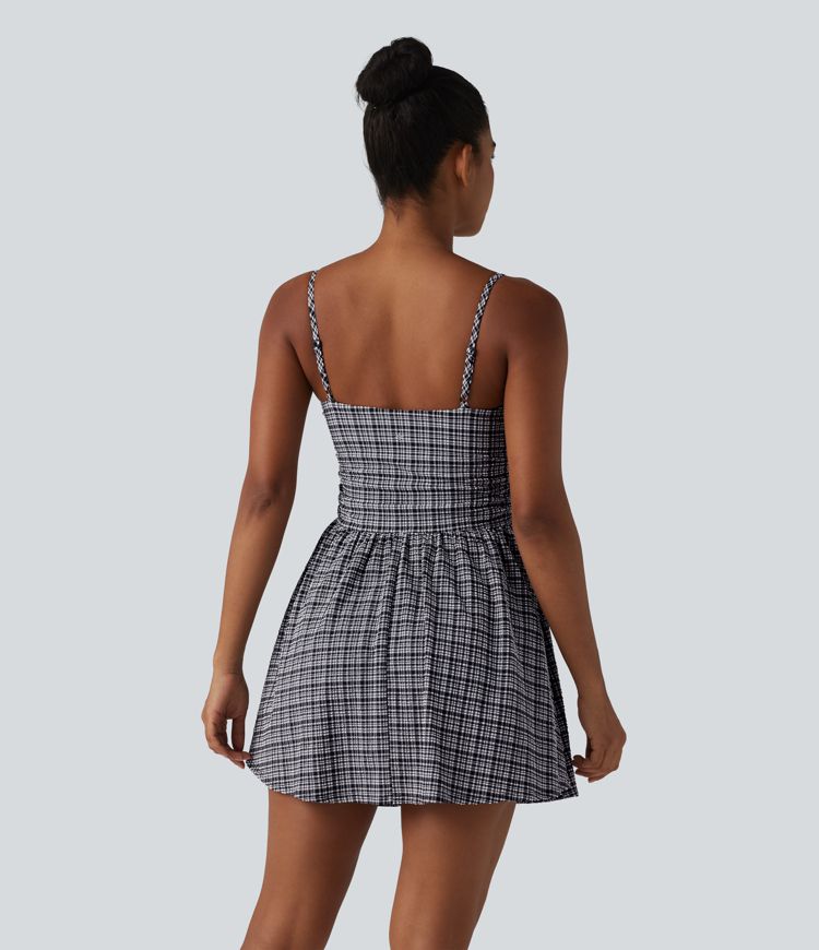 Adjustable Straps 2-in-1 Built-in Bra A-line Mini Plaid Crinkle Quick Dry Tennis Active Slip Dress with Pockets-Easy Peezy