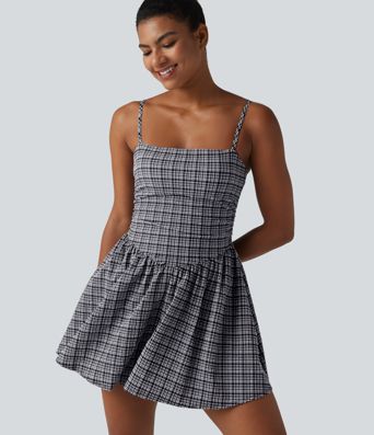 Adjustable Straps 2-in-1 Built-in Bra A-line Mini Plaid Crinkle Quick Dry Tennis Active Slip Dress with Pockets-Easy Peezy