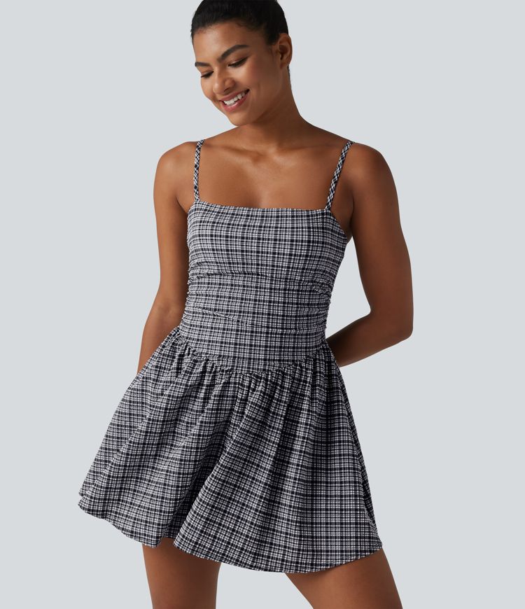 Adjustable Straps 2-in-1 Built-in Bra A-line Mini Plaid Crinkle Quick Dry Tennis Active Slip Dress with Pockets-Easy Peezy