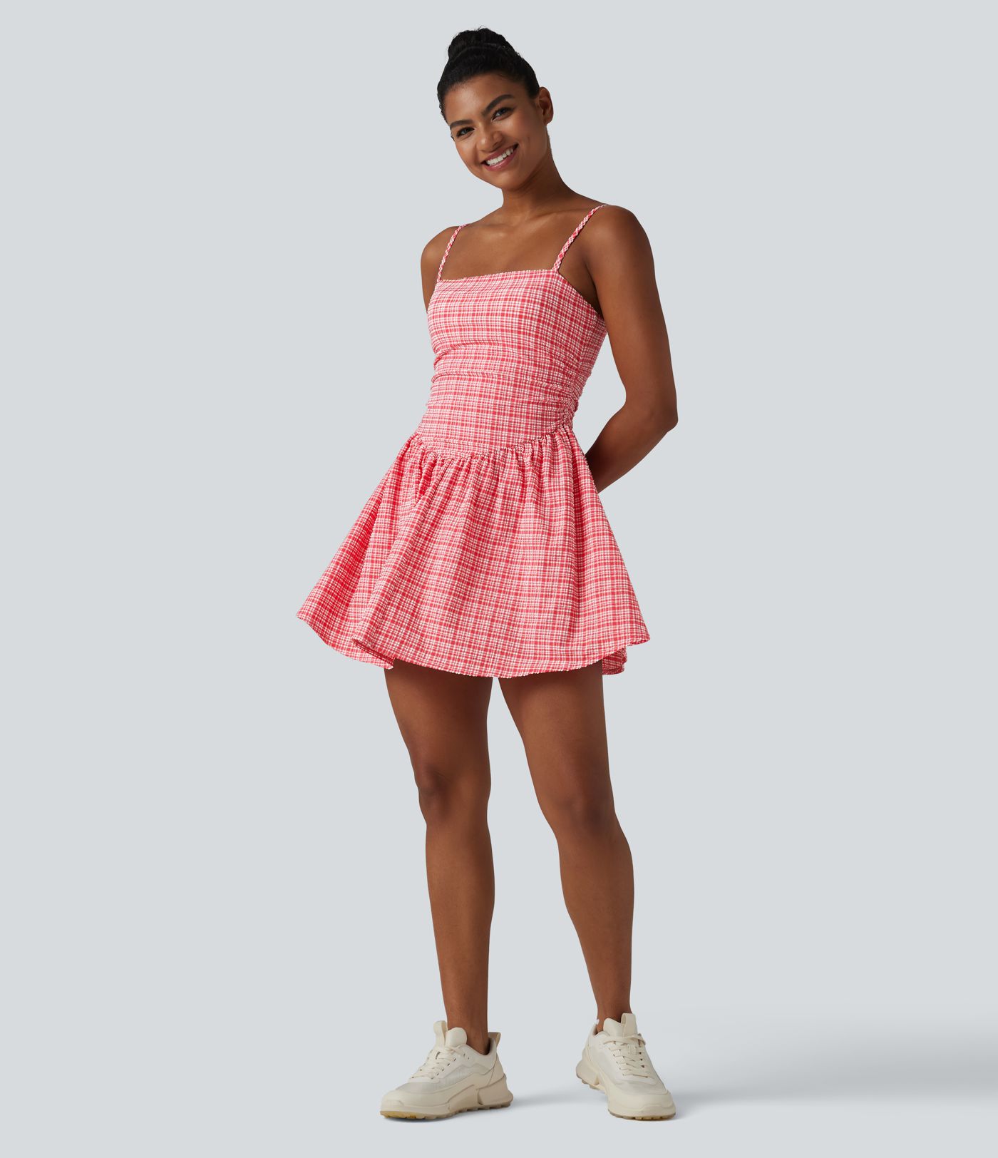 Adjustable Straps 2-in-1 Built-in Bra A-line Mini Plaid Crinkle Quick Dry Tennis Active Slip Dress with Pockets-Easy Peezy
