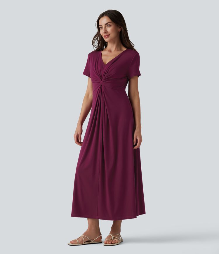 Robe décontractée midi col V manches courtes