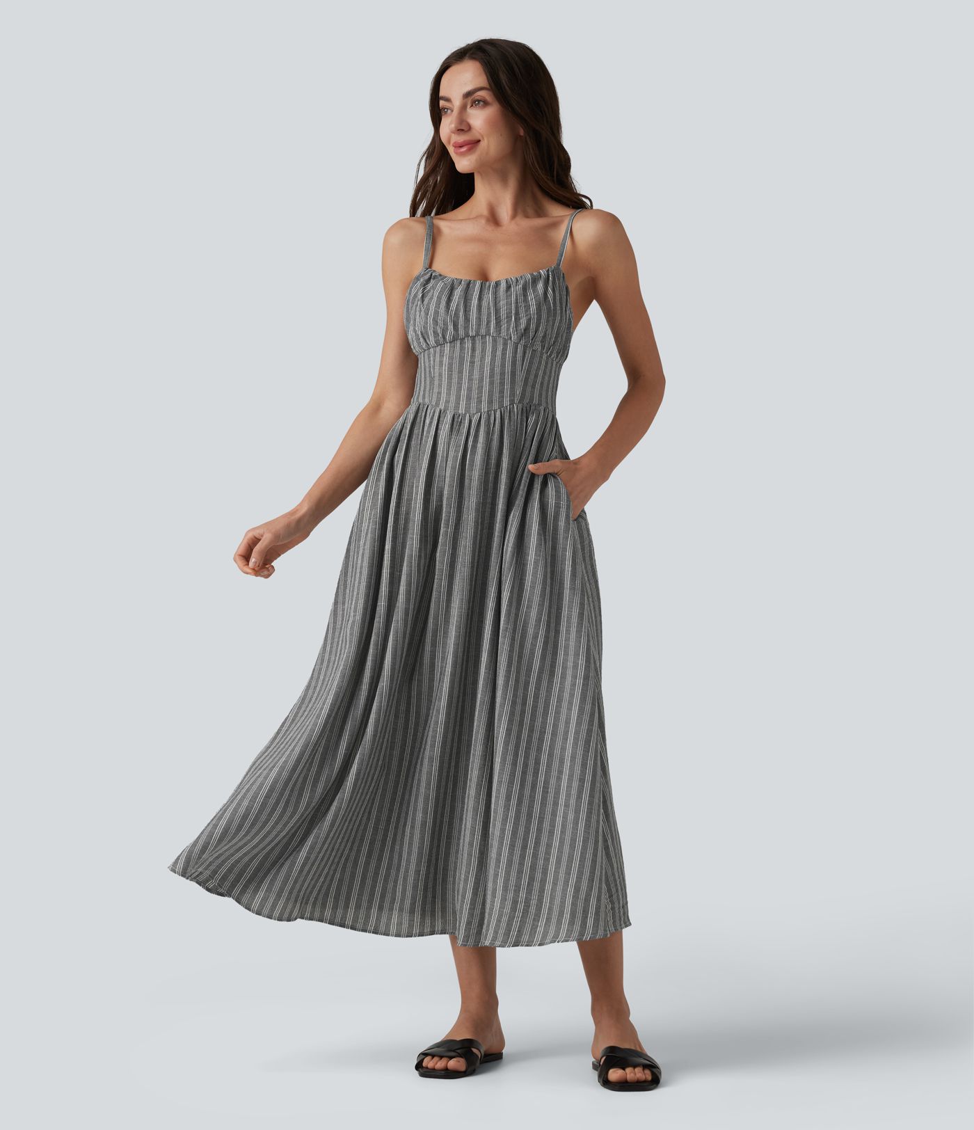 Corset Lace Up Stripe Flowy Midi Casual Slip Dress with Pockets