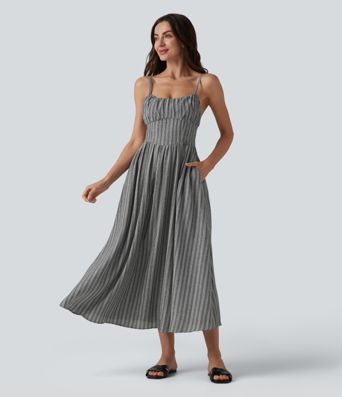 Corset Lace Up Stripe Flowy Midi Casual Slip Dress with Pockets