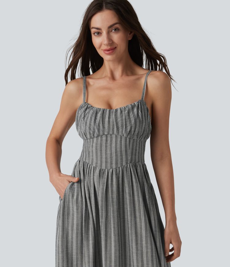 Corset Lace Up Stripe Flowy Midi Casual Slip Dress with Pockets