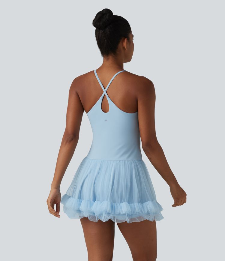 Contrast Mesh Built-in Bra 2-in-1 Mini Workout Active Dress with Pockets-Easy Peezy Edition