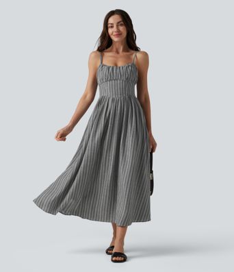 Corset Lace Up Stripe Flowy Midi Casual Slip Dress with Pockets