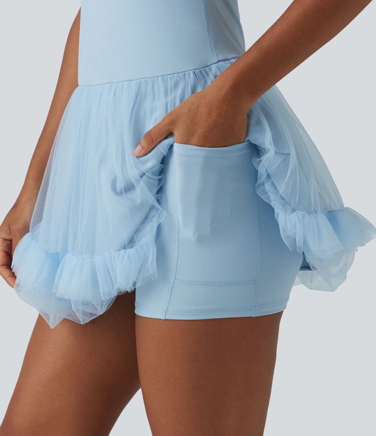 Contrast Mesh Built-in Bra 2-in-1 Mini Workout Active Dress with Pockets-Easy Peezy Edition