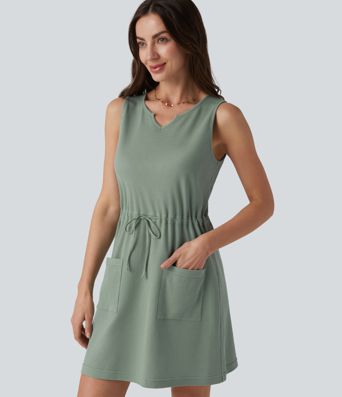 Robe mini gaufrée col cranté sans manches cordon de serrage avec poches
