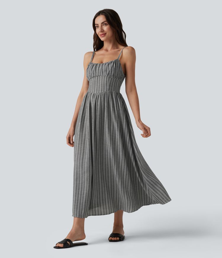 Corset Lace Up Stripe Flowy Midi Casual Slip Dress with Pockets
